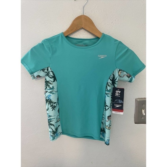Speedo Other - speedo Girl's UV Swim Shirt Short Sleeve Printed Rashguard Small Aruba Blue